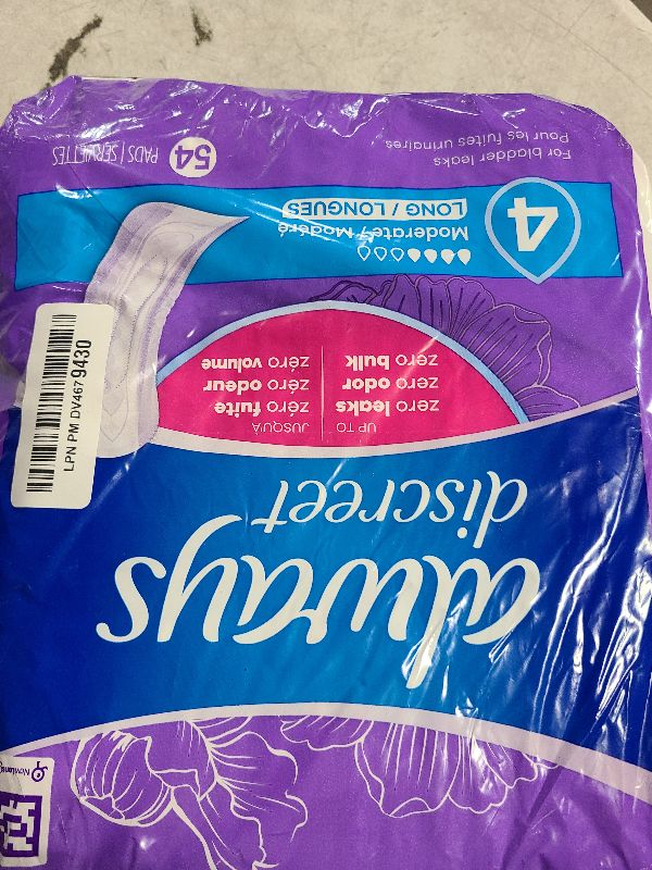 Photo 1 of Always Discreet Adult Incontinence Pads for Women, Moderate Absorbency, Long Length, Postpartum Pads, Up to 100% Bladder Leak Protection, 54 Count (Packaging May Vary)
