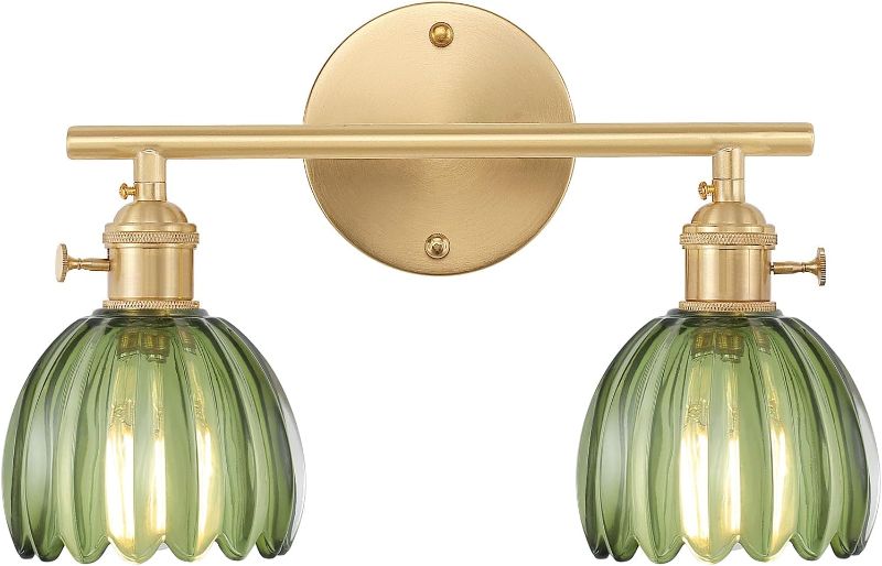 Photo 1 of Bathroom Light Fixtures, 2-Light Brass Vanity Wall Light Over Mirror with Green Tulip Glass Shade for Bedroom Living Room 