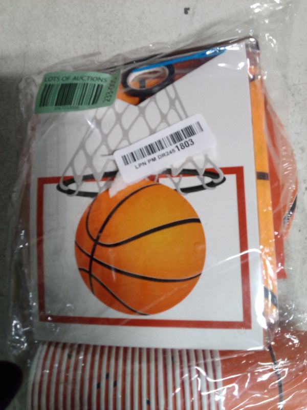Photo 1 of 130 Pcs Basketball Party Supplies Basketball Party Decorations Plates Napkins Cups Forks Tablecloth Banner Hanging Swirl for Basketball Birthday Party Decorations, Serves 24