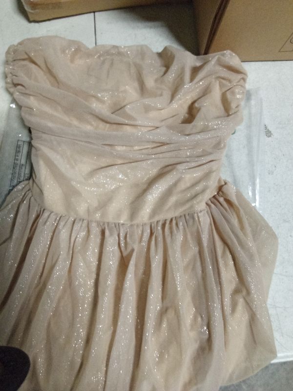 Photo 1 of AIBEARTY Women's Sexy Glitter Off Shoulder Mini Dress Shiny Strapless Pleated A Line Dress for Party Club Khaki size M