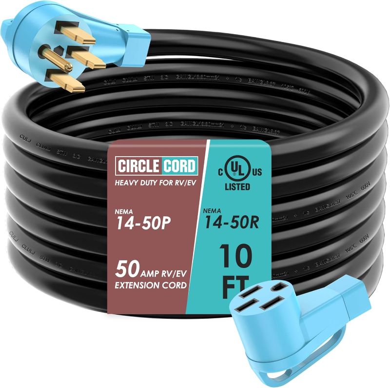 Photo 1 of CircleCord UL Listed 50 Amp 10 Feet RV/EV Extension Cord, Heavy Duty 6/3+8/1 Gauge STW Wire, NEMA 14-50P/R Suit for Tesla Model 3/S/X/Y EV Charging and RV Trailer Campers 