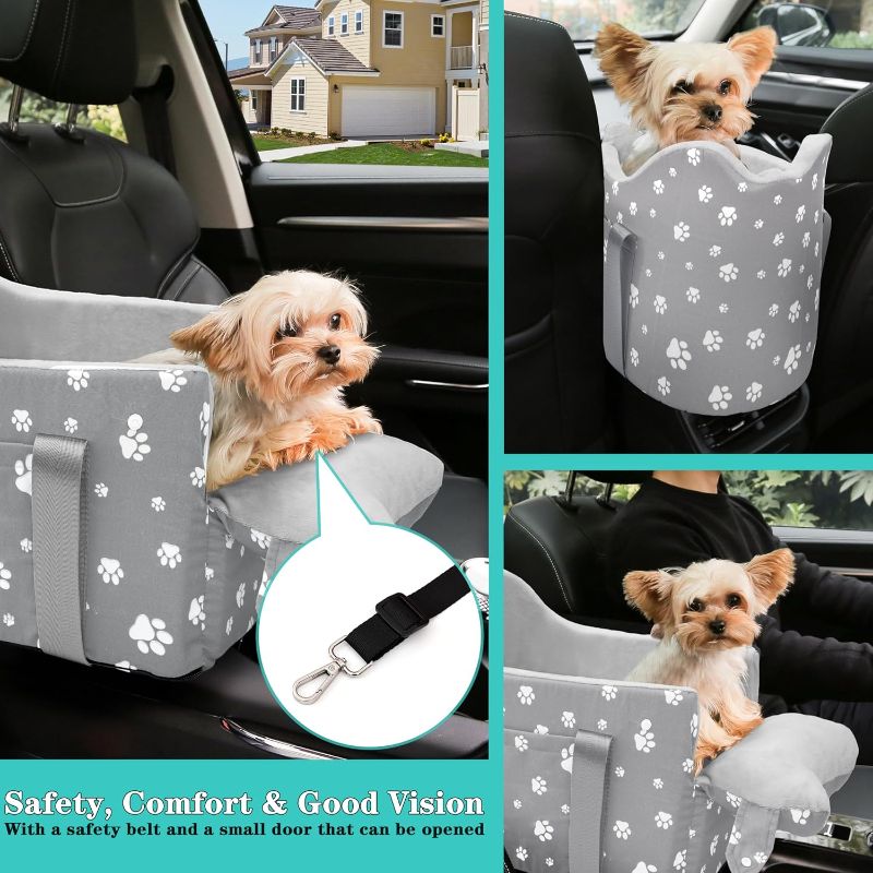 Photo 1 of  Cullaby Center Console Dog Car Booster Seat for Small Dogs 0-15 lbs - Grey Pet Travel Carrier Safety Leash, Detachable Seat Belt & Storage Pockets 