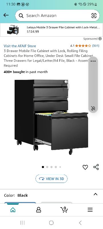Photo 1 of 3 Drawer Mobile File Cabinet with Lock, Rolling Filing Cabinets for Home Office, Under Desk Small File Cabinet Three Drawers for Legal/Letter/A4 File, Black - Assembly Required