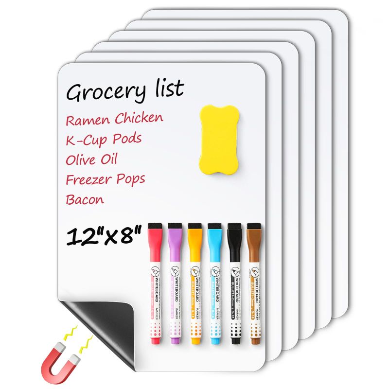 Photo 1 of 6 Pack Magnetic Dry Erase Board Sheet for Fridge, 12"x8" Erasable Refrigerator WhiteBoard w/ 6 Markers & 1 Eraser- Smooth and Flexible Small Magnet Blank Notepad for Home Kitchen Organizer and Planner
