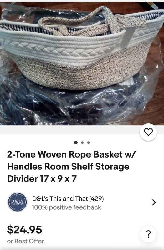 Photo 1 of 2-Tone Woven Rope Basket w/Handles Room Shelf Storage Divider 17 x 9 x 7
