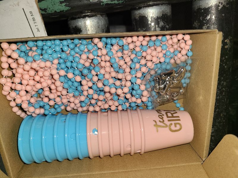 Photo 1 of 12 Pieces Gender Reveal Necklace Party Favors Supplies Team Boy Team Girl Gender Reveal Shot Glass Beaded Shot Cup Necklace Baby Shower Pink Blue for Gender Reveal Party Decorations