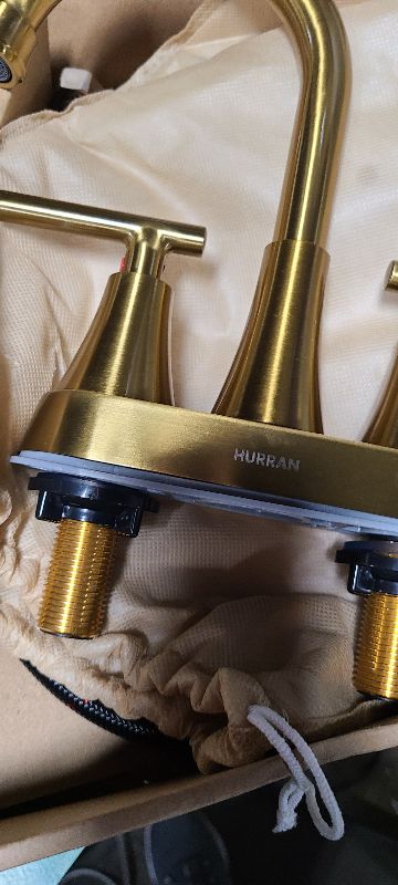 Photo 1 of 4 inch Brushed Gold Bathroom Sink Faucet with Pop-up Drain and 2 Supply Hoses, Stainless Steel Lead-Free 2-Handle Centerset Faucet for Bathroom Sink Vanity RV