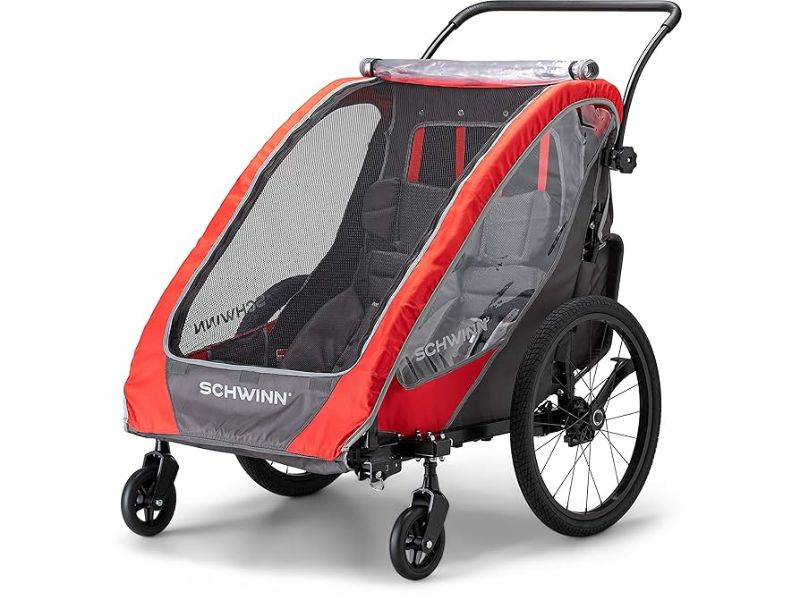 Photo 1 of  Schwinn Summit Deluxe Kids Double Bike Trailer, Child Carrier Seats 2 Riders, Max Weight 87lbs, Converts to Stroller, 20-Inch Wheels, Red
