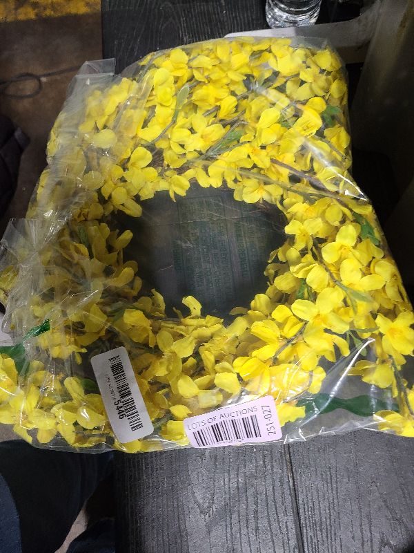 Photo 1 of 20 Inch Yellow Forsythia Wreath Spring Front Door Flower Farmhouse Rustic Grapevine Blossom Cluster Wreath for Festival Celebration Front Door Wall Window Party Decoration Home Décor