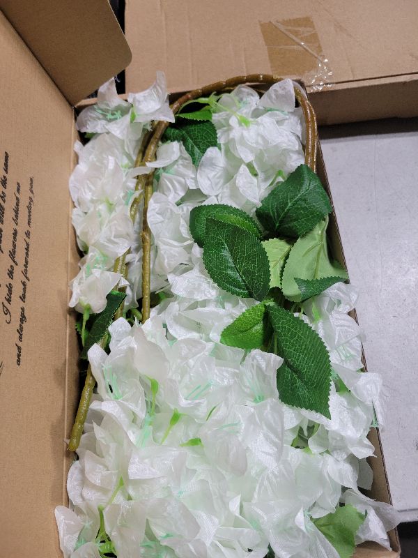 Photo 1 of 30 Inch Silk Bougainvillea Artificial Flowers, UV Resistant, Pack of 6 pcs, 18 Branch, Faux Flower Stems, Fake Bougainvillea Vines, Using for Wedding & Porch & Home & party & Garden Decor (White)