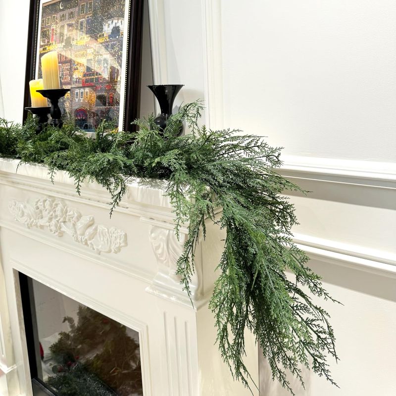 Photo 1 of  2PCS Cedar Garland Full Real Touch Artificial Cypress Christmas Garland,Realistic Pine Garland for Mantle Fireplace Table Home Decoraiton 6FT 