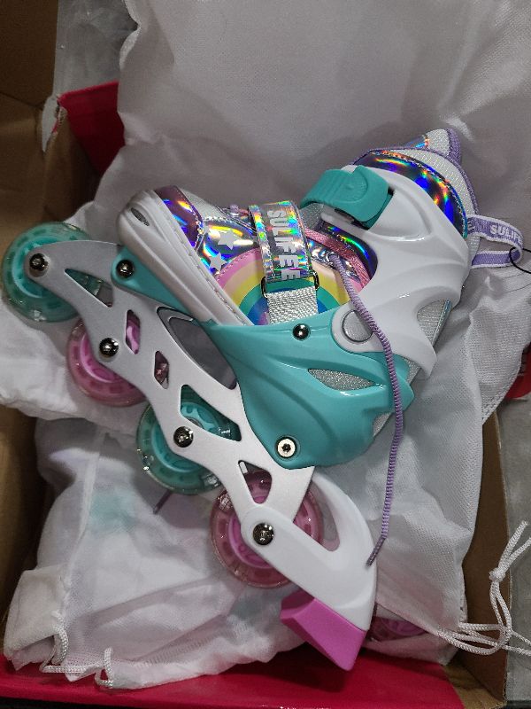 Photo 1 of SULIFEEL Rainbow Unicorn Inline Skates for Girls Boys 4 Size Adjustable Light up Wheels Skates for Kids Beginner Small