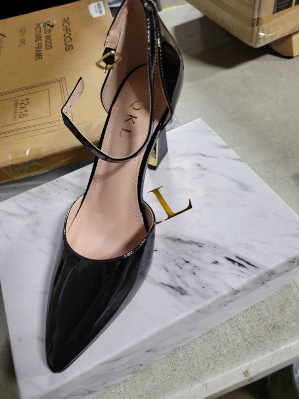 Photo 1 of QKL Closed Toe Heels for Women Pointed Toe Ankle Strap High Heel Stiletto Pumps Wedding Dress Shoes Black Patent Size 8