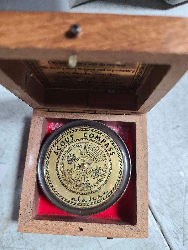 Photo 1 of Scout Compass Gift Boys - Engraved Scout Oath Compass in Wood Box Scout Always Prepared Camping Orienteering Compass, Hiking Backpacking Compass Gift, 50 Year calander (#1 Scout Compass w Lid)