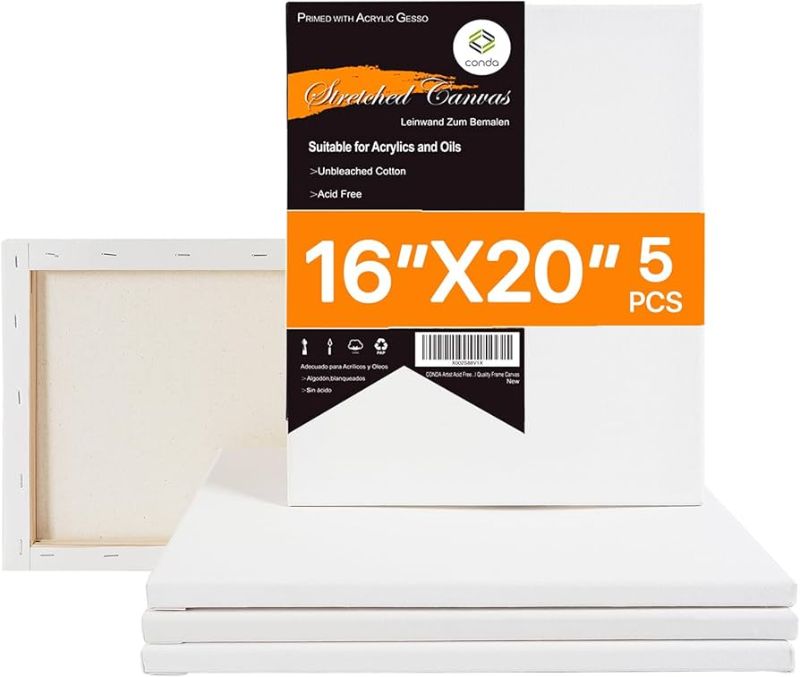 Photo 1 of  CONDA 16x20 inch Stretched Canvas for Painting, Pack of 5, Primed, 100% Cotton 5/8 Inch Profile Value Bulk Pack for Acrylics, Oils Painting
