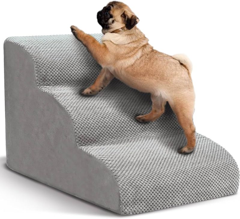 Photo 1 of  Dog Stairs for Small Dogs, 3 Tiers High Density Foam Dog Ramp, Extra Wide Non-Slip Pet Steps for High Beds Or Couch, Soft Foam Doggie Ladder for Dogs Injured, Older Pets, Small Cats 