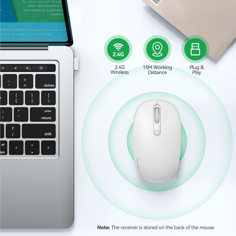 Photo 1 of TECKNET Wireless Mouse for Laptop, 2.4G Quiet Computer Mouse with USB Receiver, 4 Buttons Portable Cordless Mice for Chromebook, Laptop, PC, Mac, 800/1200/1600 DPI - White 