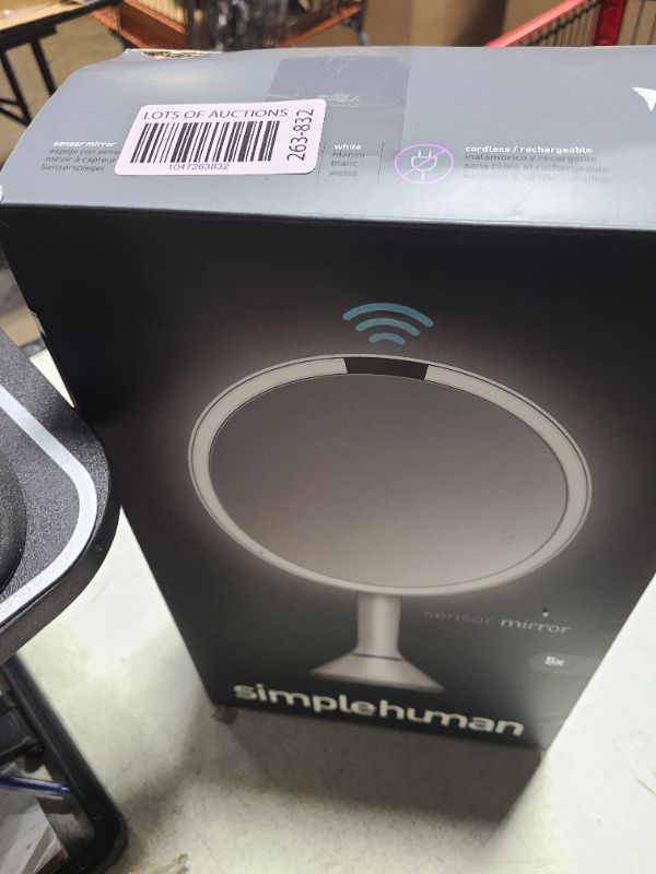 Photo 1 of simplehuman Sensor Mirror, Lighted Makeup Mirror with Magnification (5X), 8" Round Magnifying Vanity Mirror with Lights, Cordless, White Stainless Steel
