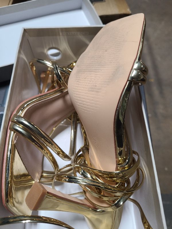 Photo 1 of Mostrin Gold Strappy Heels for Women Lace Up Heels Tie Up Stiletto Heeled Sandals Square Open Toe High Heels for Prom, Party and Weddings Size 8