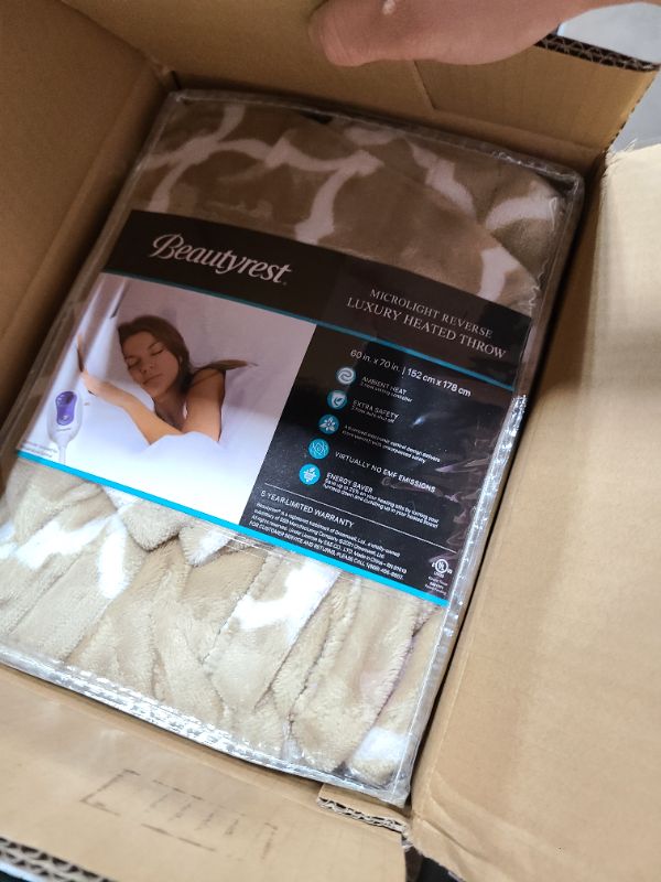 Photo 1 of Beautyrest Ogee Printed Plush Electric Blanket for Cold Weather, Fast Heating, Auto Shut Off, Virtually Zero EMF, Multi Heat Setting, UL Certified, Machine Washable, Tan Oversized Throw 60x70