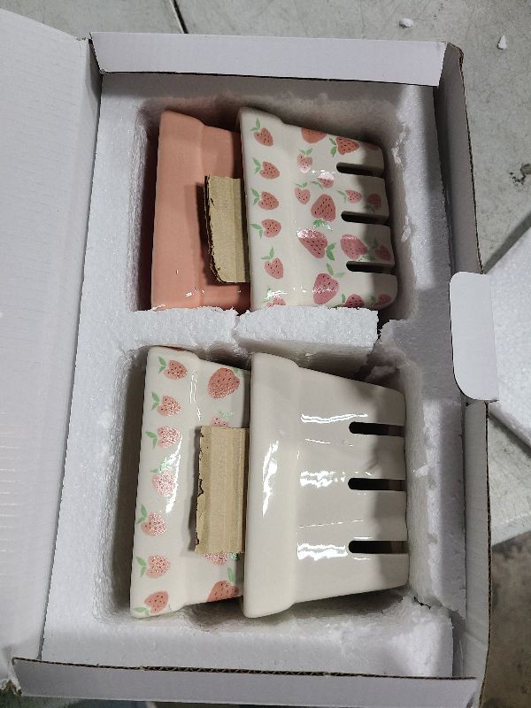 Photo 1 of Farmhouse Ceramic Berry Basket, Colander, Strawberry Decor, Fruit Bowls/Baskets, Kawaii Kitchen bowl, Pink White and Cute Strawberry pattern Stoneware Harvest Square Bowls Set of 4