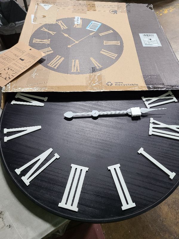 Photo 1 of Large Wall Clock 24" Round - Silent Metal & Wood Large Farmhouse Wall Clock For Living Room Decor with 3D Roman Numerals - No Ticking - Noiseless Big Wood Decorative Clocks for Living Room Decor