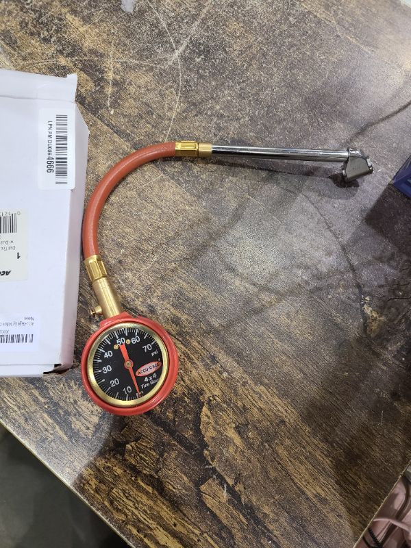 Photo 1 of Accu-Gage by Milton Dial Tire Pressure Gauge with Dual Foot Air Chuck and 11 in. Rubber Hose - ANSI Certified for Motorcycle/Car/Truck Tires (0-75 PSI)