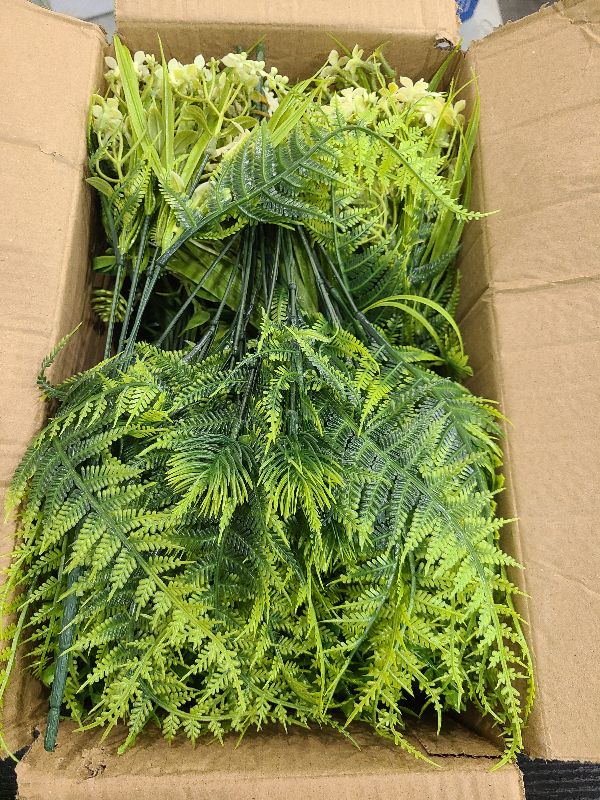 Photo 1 of 24 Bundles Artificial Plants Flowers for Outdoors Summer Decor, UV Resistant Fake Plants Plastic Faux Boston Fern Lavender Flowers Boxwood Greenery Shrubs for Gardens Porch Yard Home Spring Decor