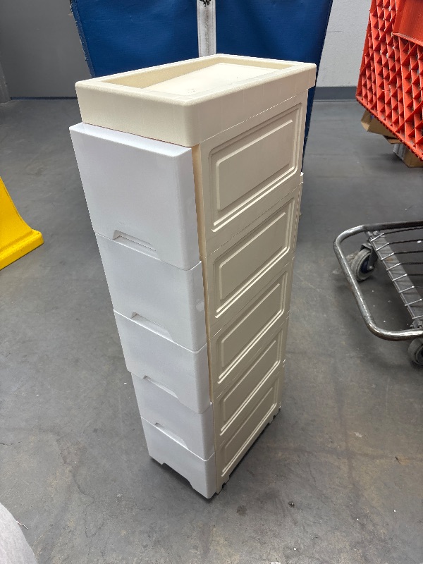 Photo 1 of 5 Drawers Narrow Slim Plastic Storage Cabinet,Storage Drawer with 4 Wheels,5 Tier Drawers Dresser, Off White