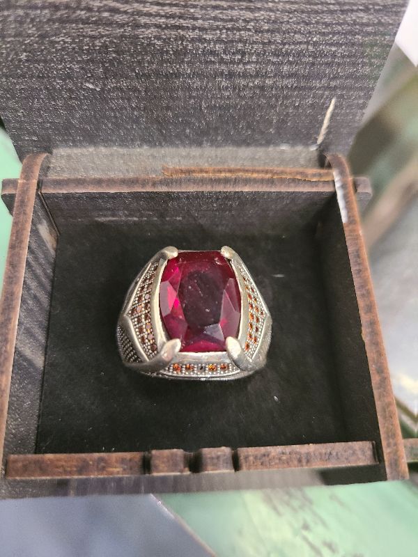 Photo 1 of 925 Sterling Silver Men's Ring with Garnet Stone, Handmade Garnet Stone Silver Ring, Gift for Him, Anniversary Gift (13,5)