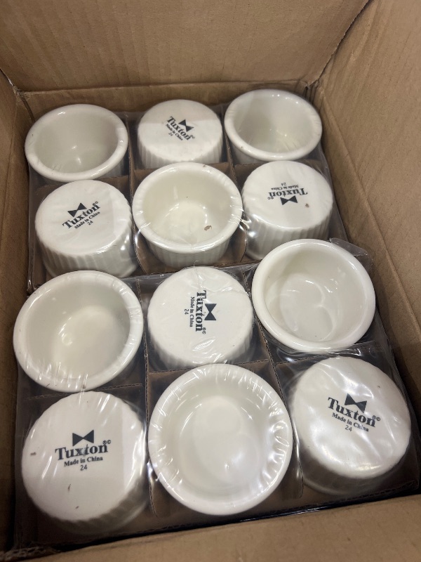Photo 1 of Xinnun 24 Pcs Ramekins Creme Brulee Dishes Oven Safe Classic Porcelain Ramekins Set for Baking, Creme Brulee, Souffle, Appetizer, Custard, Pudding, Dipping Bowl, White (4 Oz)