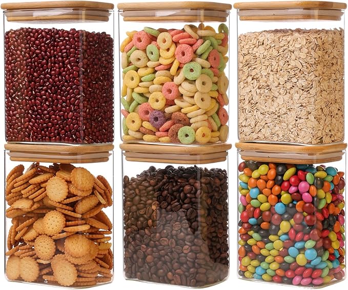 Photo 1 of 6Pcs Glass Storage Containers with Lids, Clear Food Jars Fits for Pantry, Coffee Bar, Square Airtight Canisters for Organizer Pasta, Sugar, Cerea, Coffee Bean