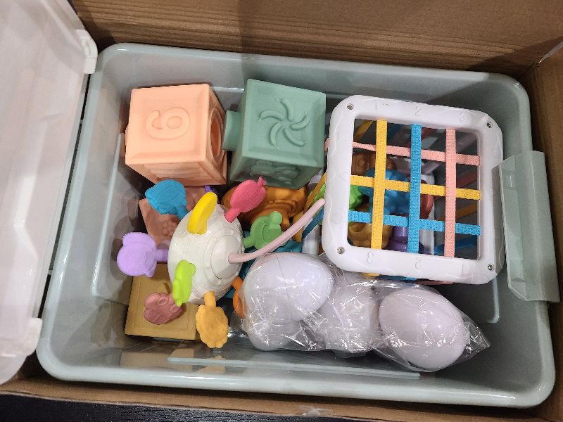 Photo 1 of 6 in 1 Baby Toys 6 to 12 Months, Montessori Toy for Toddlers 1-3, Infant Teething Babies Toy Stacking Blocks Rings Pull String Toy Sorter Sensory Bin