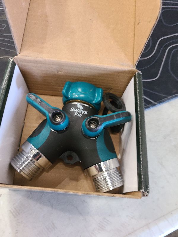 Photo 1 of 2WAYZ Hose Splitter 2 Way Heavy Duty Outdoor Faucet and Garden Connector - Water Spigot Splitter - Durable All-Metal Y Adapter with Shut-Off Valve - 4 x 4 x 1.5 Inches