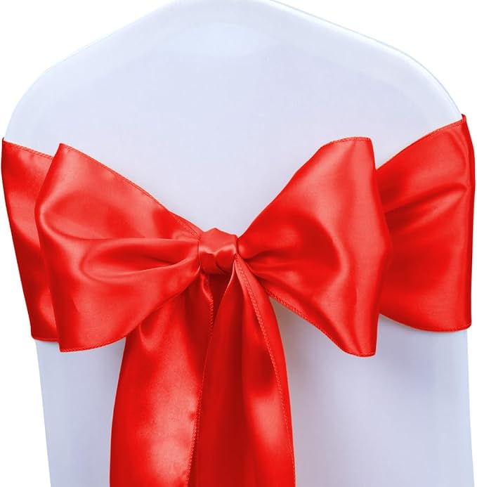 Photo 1 of WJWHQ 100PCS Spandex Stretch Chair Sashes Bows Elastic Chair Cover Bands Ties with Buckle Slider for Wedding Party Reception Events Universal Ceremony Banquet Decorations(Red)