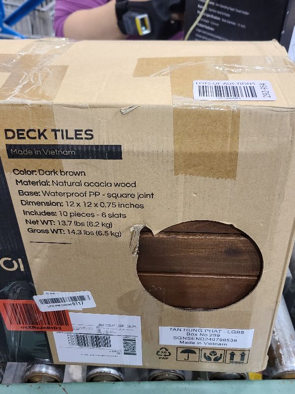 Photo 1 of 10 Pcs Premium Acacia Deck Tiles, Interlocking Floor Decking, Water-Resistant for Indoor & Outdoor Use, Balcony Flooring with Stripe Pattern, Square Joint (Dark Brown)