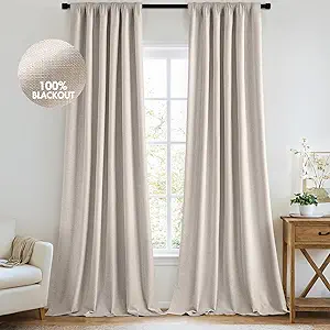 Photo 1 of MIULEE 100% Blackout Curtains 120 Inch Long 2 Panels Set for Bedroom, Thick Luxury Faux Linen Black Out Curtain Room Darkening Back Tab Pleat Window Textured Drapes with Hooks for Living Room, Beige