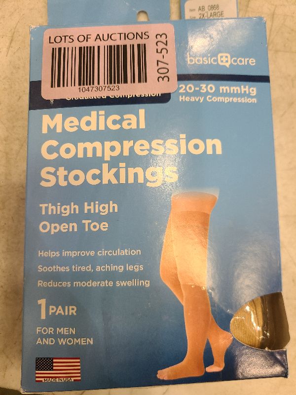 Photo 1 of Amazon Basic Care Medical Compression Stockings, 20-30 mmHg Support, Women & Men Thigh Length Hose, Open Toe, Beige, 2X-Large (Previously NuVein)