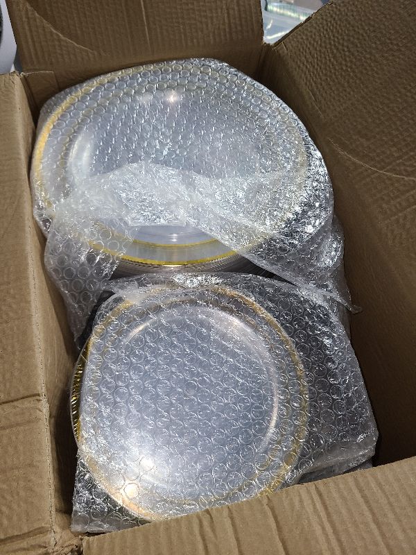Photo 1 of 200 Pcs Clear Gold Plastic Plates - Disposable Party Plates, Gold Plates Disposable Include 100 Dinner Plates and 100 Dessert Plates, Plastic Plates for Party, Holiday, Wedding & Birthday