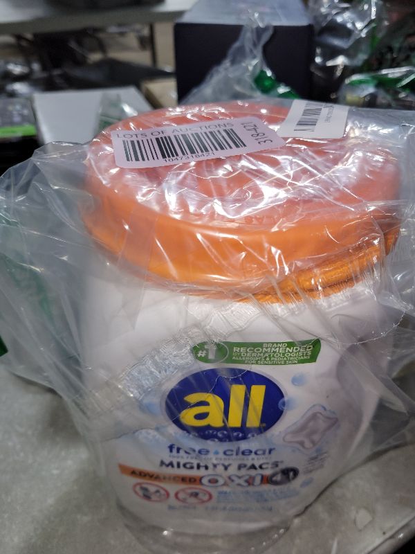 Photo 1 of all Laundry Detergent Pacs, Mighty Pacs with OXI Stain Removers and Whiteners, Free Clear, Unscented and Dye Free, 56 Count