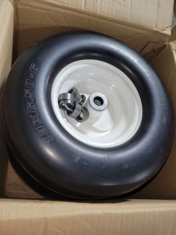 Photo 1 of 13x6.50-6 Lawn Mower Tires Flat Free with 3/4" Bearing, 13x6.5-6 Zero Turn Mower Front Tires, 13x6.5-6 Solid Rubber Riding Lawn Mower Front Tire and Wheel, 4"-7.1" Centered Hub (2 Pack)