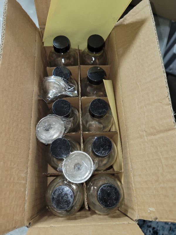 Photo 1 of 10 Pack, 4 oz Small Clear Glass Bottles w/ Lids & 3 Stainless Steel Funnel - 120ml Boston Round Sample Bottle for Potion, Juice, Ginger Shot, Wellness, Oils, Whiskey, Liquids - Leakproof Travel Bottle