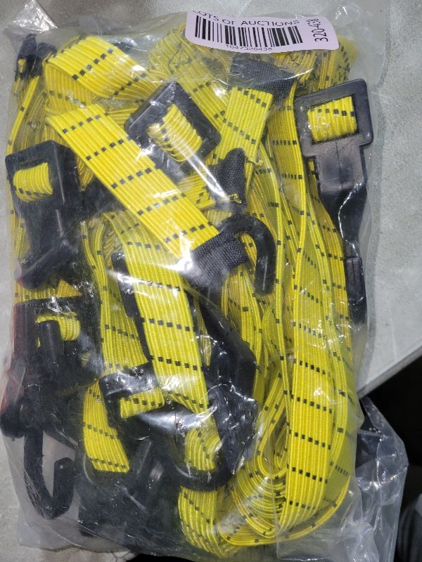 Photo 1 of 4 Pack 4 Way Flat Adjustable Bungee Cords with Hooks, Easy to Adjust The 4 Sides Length, Lucky Straps 30 Inch Black/Yellow Heavy Duty Tack Strap for Bike, Motorcycle, Roof Rack, Kayak, Cargo, etc