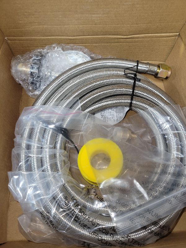 Photo 1 of 12FT High Pressure Propane Regulator with Hose, Adjustable 0-30 PSI Regulator with Gauge, Stainless Steel Braided Hose, Connect 5-100LB POL Propane Tank to Fire Pit Burner Heater Fryer Smoker Griddle