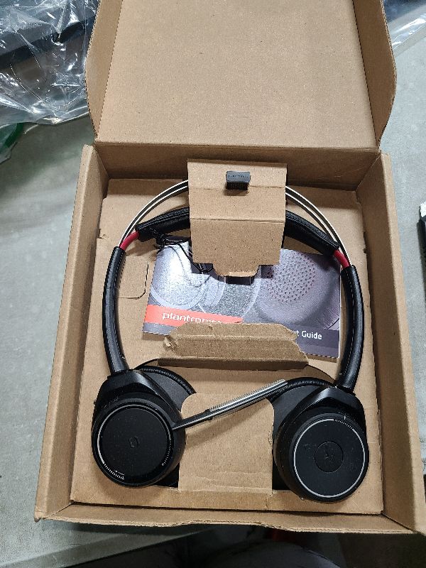 Photo 1 of Plantronics - Voyager Focus UC (Poly) - Bluetooth Dual-Ear (Stereo) Headset with Boom Mic - USB-A Compatible with PC and/or Mac - Active Noise Canceling - Works with Teams (Certified), Zoom & more