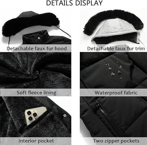 Photo 1 of MOERDENG Women's Winter Puffer Coat Thicken Fleece Lined Down Jacket Waterproof Faux Fur Detachable Hooded Parka SIZE XL - BLACK