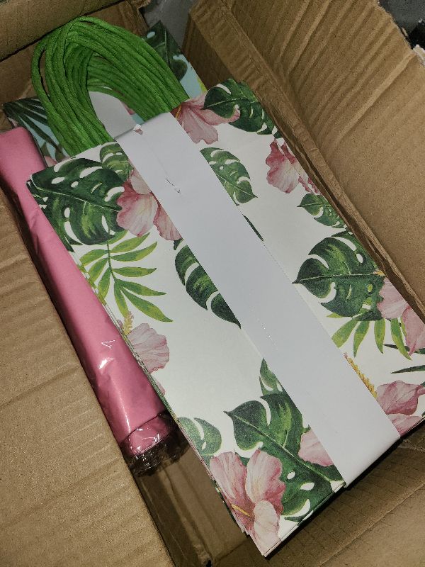 Photo 1 of 36 Pack Small Hawaiian Tropical Party Favor Gift Bags with Handles 9x5.5x3.15 Inch and 36 Pink Tissue Paper for Luau Parties, Birthdays, Weddings, Baby Showers, Bridal Showers (2 Designs Assorted)