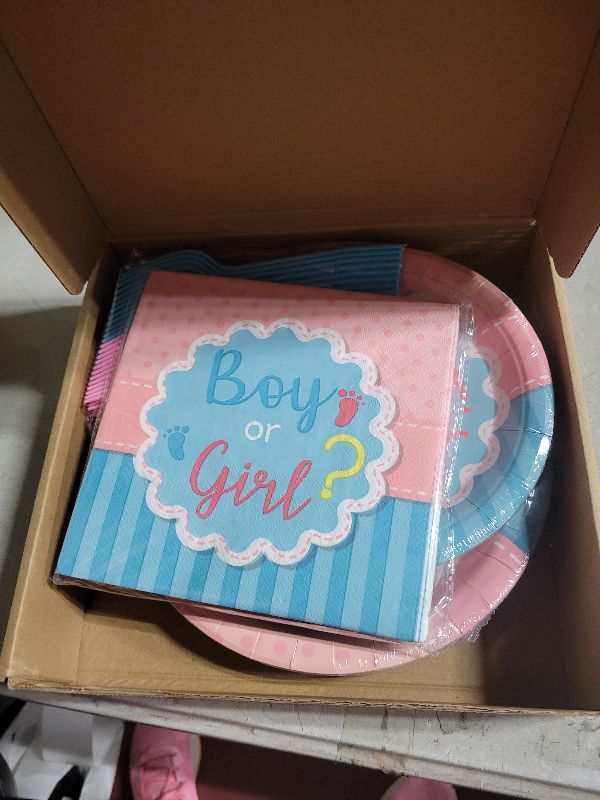 Photo 1 of 96 Pcs Gender Reveal Party Plates Napkins Forks Decorations Dinnerware Set Disposable Paper Boy or Girl Baby Birthday Supplies Tableware Favors, Serves 24 Guests