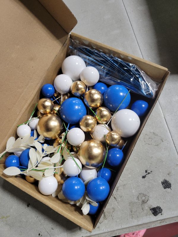 Photo 1 of NEBURORA 64 Pcs Balls Cake Toppers and Leaves Decoration Set Mini Balloons for Cake Decorating Supplies Balls Cake decorations for Baby Shower Cake Toppers Birthday Cake Decorations(Blue Gold?
