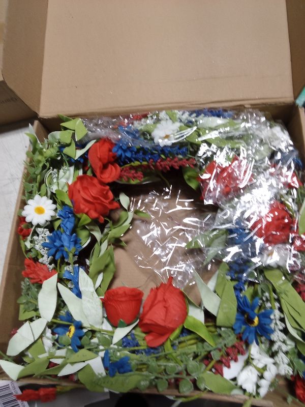 Photo 1 of 20 Inch Patriotic Wreath for Front Door Artificial Spring/Summer Floral Wreath Red White Blue Roses Daisies Independence Day Memorial Day for Indoor Outdoor Home Wall Holiday Decor